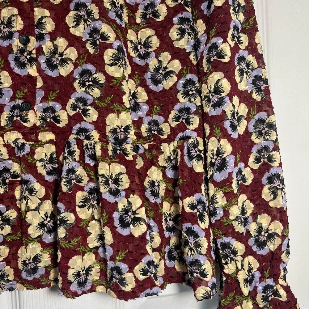 Madewell Semi Sheer Ruffle Hem Top in viola Peplum Long Sleeve Blouse Sz L - Picture 3 of 14